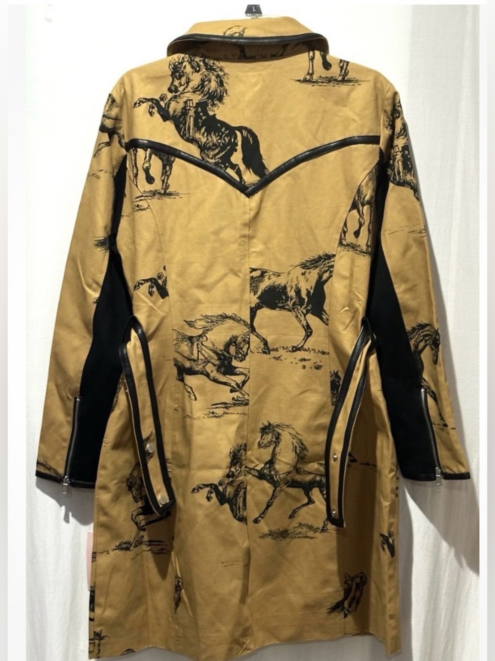 Avec Les Filles Tan Trench Coat with Black Horse Print - Size S - Picture 3 of 8